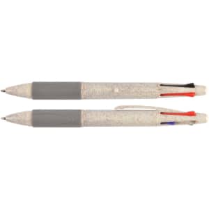 A four-color pen featuring a grey body with different color ink options: red, blue, black, and green.