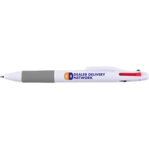 A white plastic pen with a grey grip and red, green, and blue click buttons, featuring a logo.