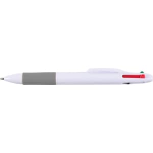 A plastic pen featuring four colors—red, blue, green, and black—within a white body and a gray grip.