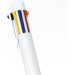 A white pen with a clip, featuring four coloured ink refills in red, blue, yellow, and black.