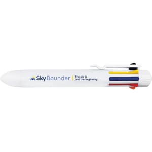 A white pen with a clip and colourful accents, featuring a logo on the side.