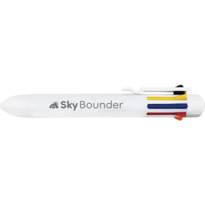 A white pen with a logo, featuring multiple coloured ink options in red, blue, yellow, and black.