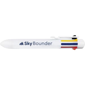 A white pen with a coloured grip and clip, featuring a logo on the side.