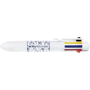 A multicoloured pen with a white body and a clip, featuring a branding logo.