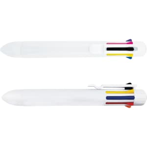 A white pen featuring multiple ink colours, with a clip and colour accents on the barrel. Logos are present.