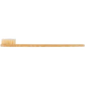 A bamboo toothbrush featuring a wooden handle and soft bristles.