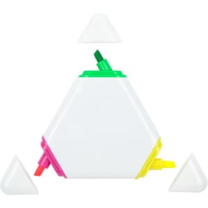 A highlighter set featuring a hexagonal design with pink, green, yellow, and white colors, including removable caps.