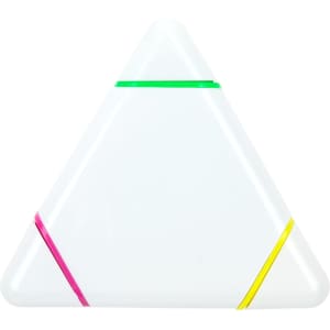 A triangular highlighter with green, pink, and yellow stripes, featuring a white body and a branding logo.