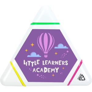 A triangular highlighter with yellow, green, and pink ends, featuring a decorative purple label and a logo.