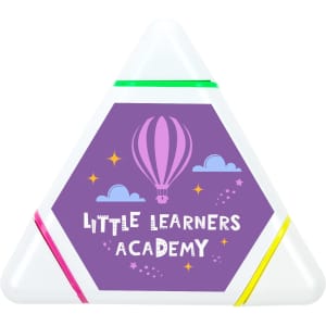 A triangular highlighter with green, pink, and yellow ends, featuring a logo and a colourful design.
