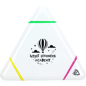 A triangular highlighter featuring green, pink, and yellow sections, with a logo on a white background.