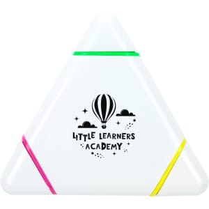 A triangular highlighter featuring green, yellow, and pink sections, with a logo on a white background.