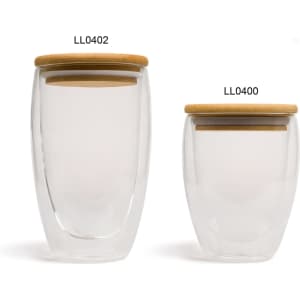 A drink bottle featuring clear double wall glass with a bamboo lid, displayed in two sizes.
