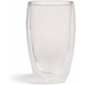 A double wall glass cup in clear glass, featuring a sleek, modern design and an interior that creates an insulated effect.
