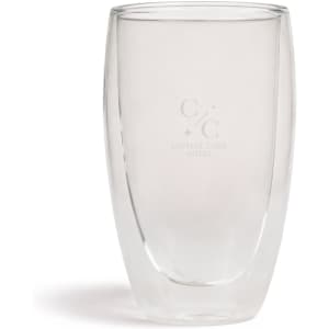 A double wall glass cup, transparent, with a logo, featuring a sleek, modern design ideal for hot or cold beverages.