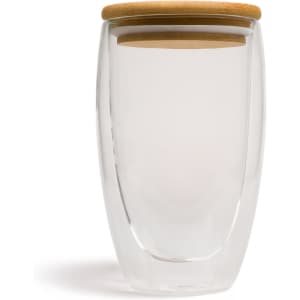 A drink bottle with a transparent double wall glass design and a wooden lid. Suitable for beverages.