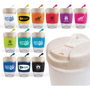 A range of reusable coffee cups featuring various colours and silicone bands, with one cup showcasing a lid.