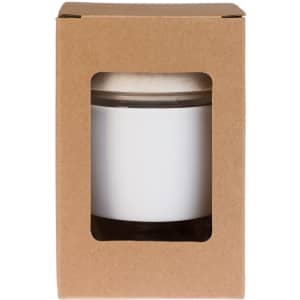 A reusable coffee cup with a silicone band, presented in a cardboard packaging with a viewing window.