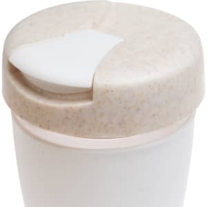 A reusable coffee cup featuring a beige lid and a white body, with a silicone band for grip. It has a logo on it.