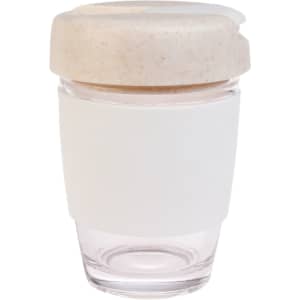 A reusable coffee cup in white with a beige silicone band and a speckled beige lid. It features a branding logo.