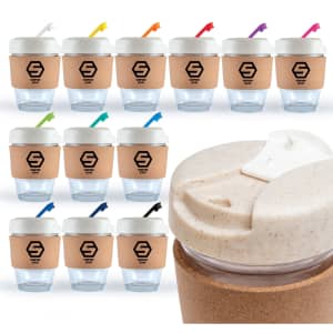 A collection of reusable coffee cups with cork bands and colourful lids, featuring a logo on each cup.