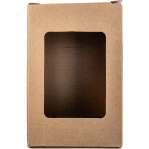 A cardboard box with a transparent window.