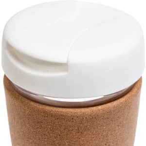 A reusable coffee cup featuring a white lid and a natural cork band.