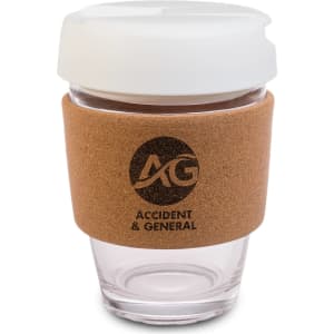 A reusable coffee cup featuring a transparent body, white lid, and a cork band with a logo printed on it.