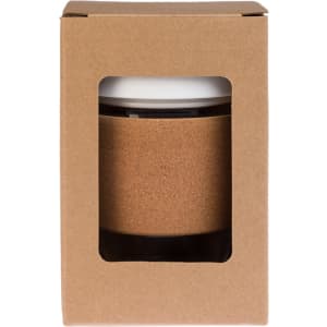 A reusable coffee cup with a cork band, presented in a simple cardboard packaging.