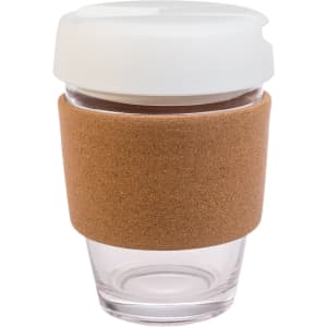 A reusable coffee cup featuring a cork band and a white lid, made of clear glass.