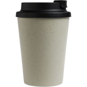 A reusable coffee cup with a beige body and black comfort lid, featuring a logo.