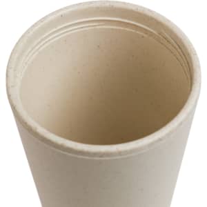 A drink container featuring a beige, speckled design. It has a smooth interior and an attached lid.