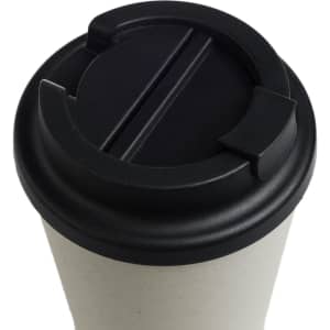 A reusable coffee cup with a light-colored body and a black comfort lid.