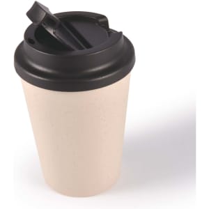 A drink cup with a beige body and a black comfort lid, designed for reusable beverage use.