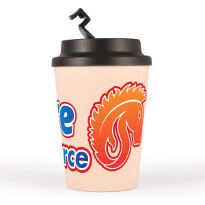 A reusable coffee cup in beige with a black comfort lid and a logo.