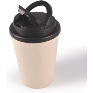 A reusable coffee cup in a light beige color with a black handle lid and a logo.