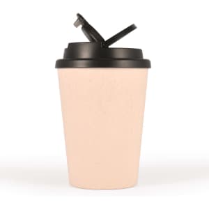 A reusable coffee cup in a light beige color with a black lid and handle. It features a logo.