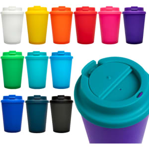 A drink bottle display featuring reusable coffee cups in various vibrant colours with comfort lids. Logo visible on some cups.