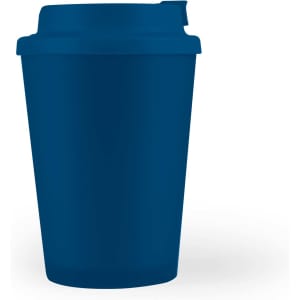 A reusable coffee cup in a deep navy blue color, featuring a comfort lid design.
