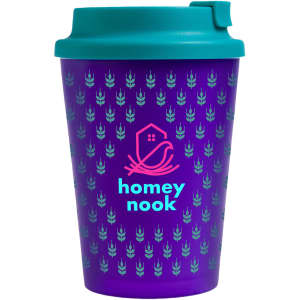 A reusable purple coffee cup with a teal lid and a logo, featuring a patterned design.