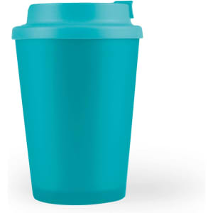 A reusable coffee cup in a vibrant turquoise color, featuring a comfort lid designed for easy drinking.