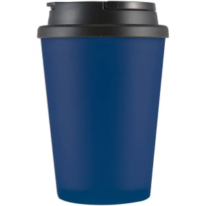 A coffee cup with a blue exterior and a black handle lid, designed for drinkware use.