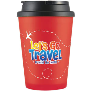 A red coffee cup with a black handle lid and a colorful logo featuring travel-themed graphics.