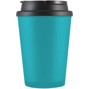 A drink cup in a teal color with a black lid, designed for holding beverages.