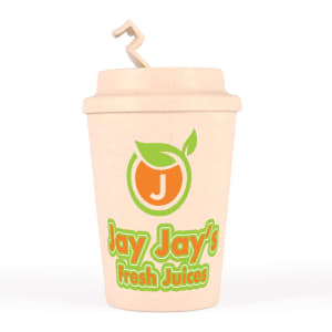 A reusable coffee cup in a creamy color with a twist lid and a logo, featuring green and orange accents.