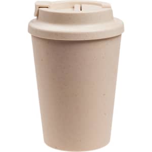 A reusable coffee cup in a light beige colour with a comfort lid and a logo.