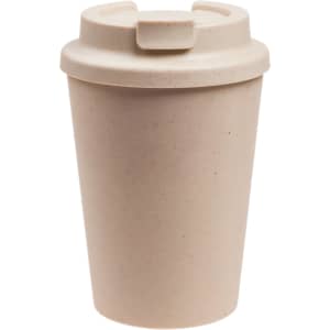 A drink bottle made of eco-friendly material, featuring a beige reusable coffee cup with a comfort lid and branding.