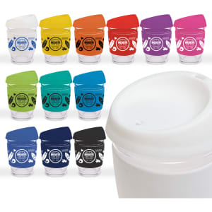A reusable coffee cup collection featuring various silicone lids in colours like yellow, orange, green, purple, and blue, with a branding logo.