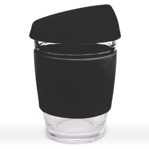 A reusable coffee cup with a transparent glass body and a black silicone lid and sleeve.