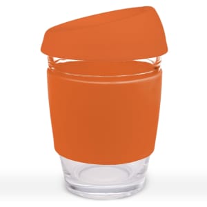 A reusable coffee cup featuring a glass body and a silicone lid in vibrant orange.